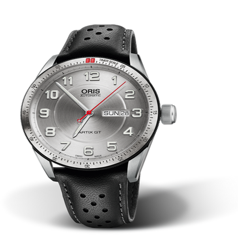 Oris Artix GT Day Date 42mm, tungsten rubber top ring, silver dial, leatherstrap black