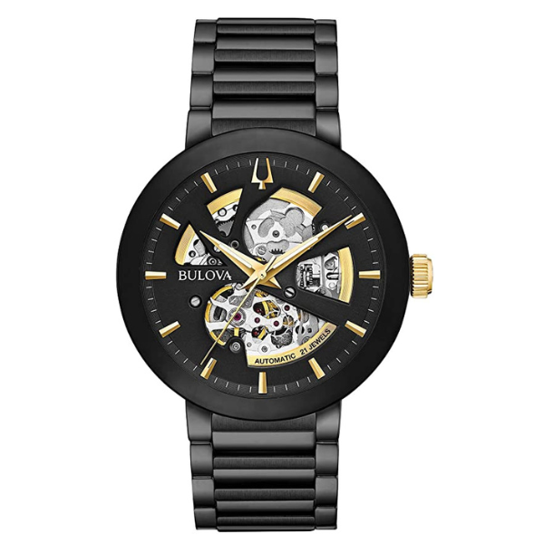 Bulova men Modern Automatic Black IP Watch with Skeleton Dial - 98A203