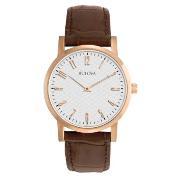 Bulova men Classic Rose Tone Strap Watch with White Dial 97A106