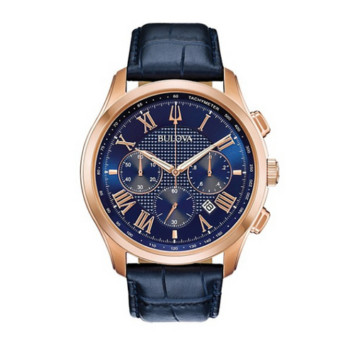 Bulova men Classic Chronograph Rose-Tone Strap Watch with Blue Dial - 97B170