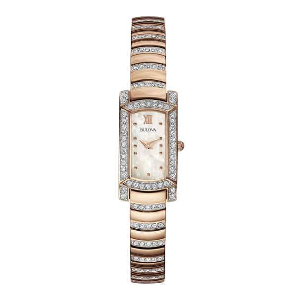 womanCrystal Quartz Watch-White Mother of Pearl Dial and Two-Tone Rose Gold Strap - Rectangular