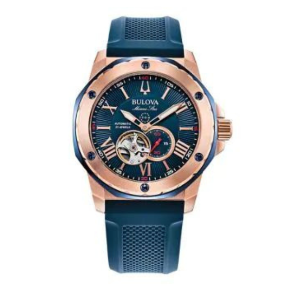 Bulova Mens Marine Star Watch In Rose Gold and Blue