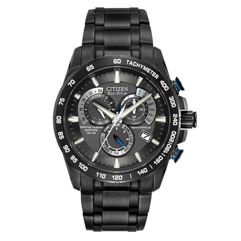 Citizen Eco-Drive men AT4007-54E Perpetual Chrono A-T Black Ion Plated Stainless Steel Watch
