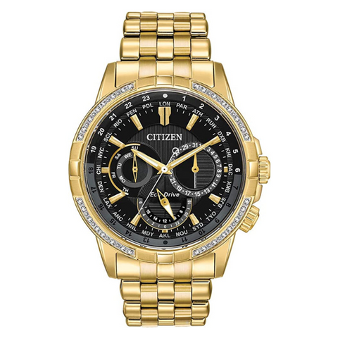 Citizen men Eco-Drive® Calendrier Diamond Accent Chronograph Gold-Tone Watch with Black Dial 