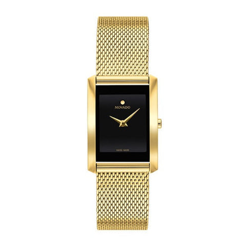 Movado woman' La Nouvelle Gold-Tone PVD Mesh Watch with Rectangular Black Dial - 607189