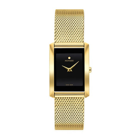 Movado woman' La Nouvelle Gold-Tone PVD Mesh Watch with Rectangular Black Dial - 607189