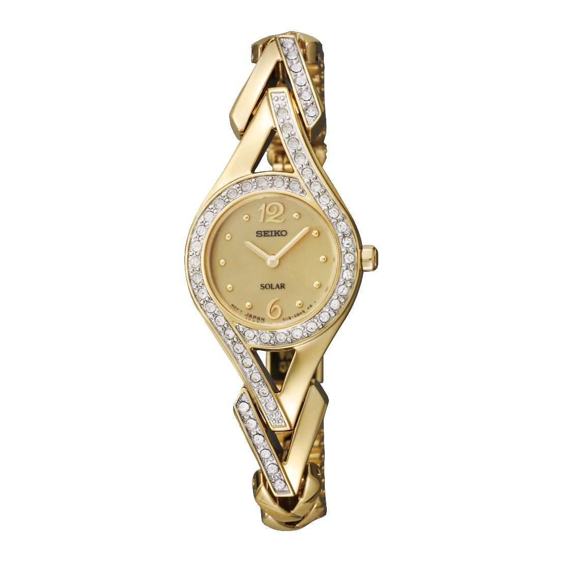 Seiko Solar Gold Dial Gold-Tone Steel woman Watch - Swarovski Crystal-Accented
