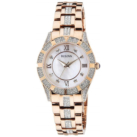 woman' Bulova Crystal Accent Rose-Tone Watch with Mother-of-Pearl Dial 