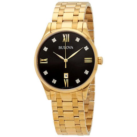 Bulova men Diamond Accent Gold-Tone Watch with Black Dial 