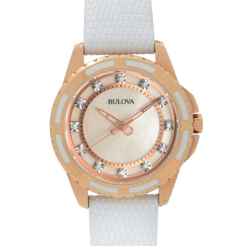 Bulova woman Enamel Inlayed Case Watch - Mother of pearl dial - White leather