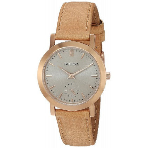 Bulova Classic Rose-Tone Strap Watch  Beige Leather Calfskin Grey Dial