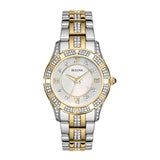 Bulova woman Crystal Two Tone Stainless Steel Watch, White Mother of Pearl Dial