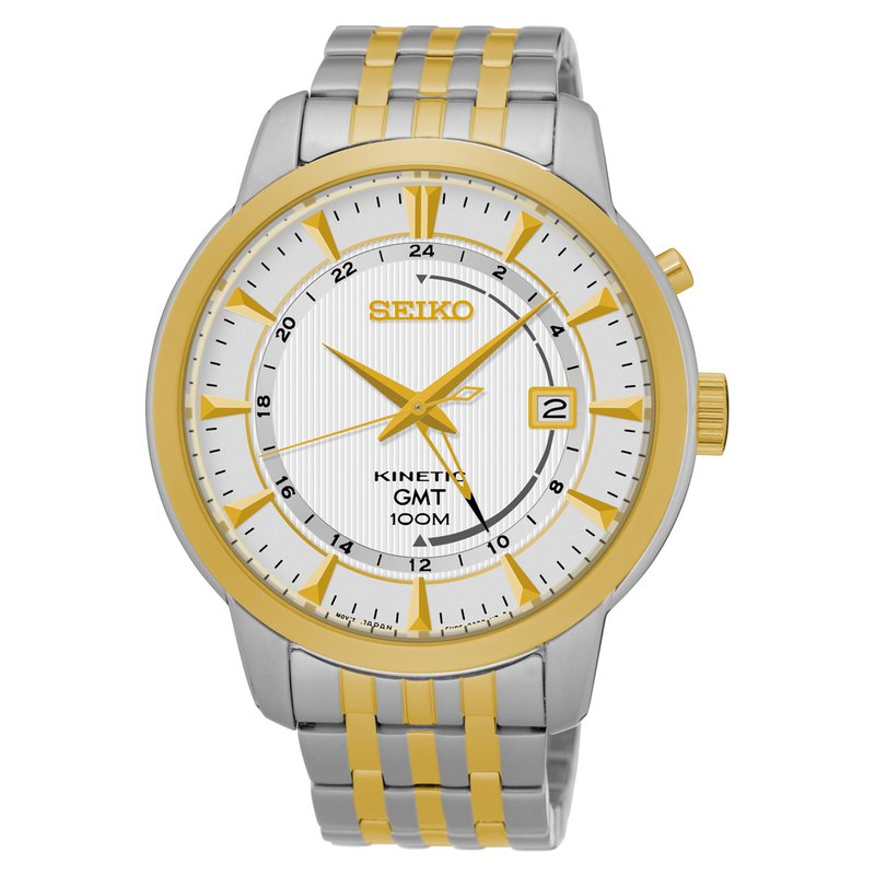Seiko men Core 44mm Two Tone Steel Bracelet Steel Case Hardlex Crystal Quartz White Dial Watch