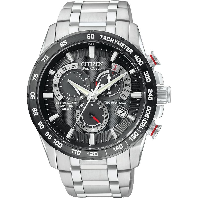Citizen men Eco-Drive Perpetual A-T Chronograph Watch with Black Dial