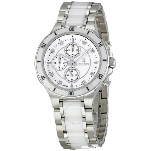 Bulova woman Diamond Chronograph Watch, Silver and white strap, white dial