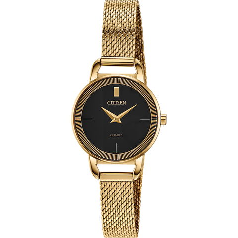 woman' Citizen Quartz Gold-Tone Mesh Watch with Black Dial