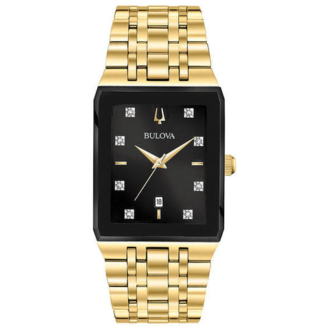 men Bulova Modern Diamond Accent Gold-Tone Watch with Rectangular Black Dial