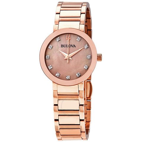 woman' Bulova Modern Diamond Accent Rose-Tone Watch with Mother-of-Pearl Dial
