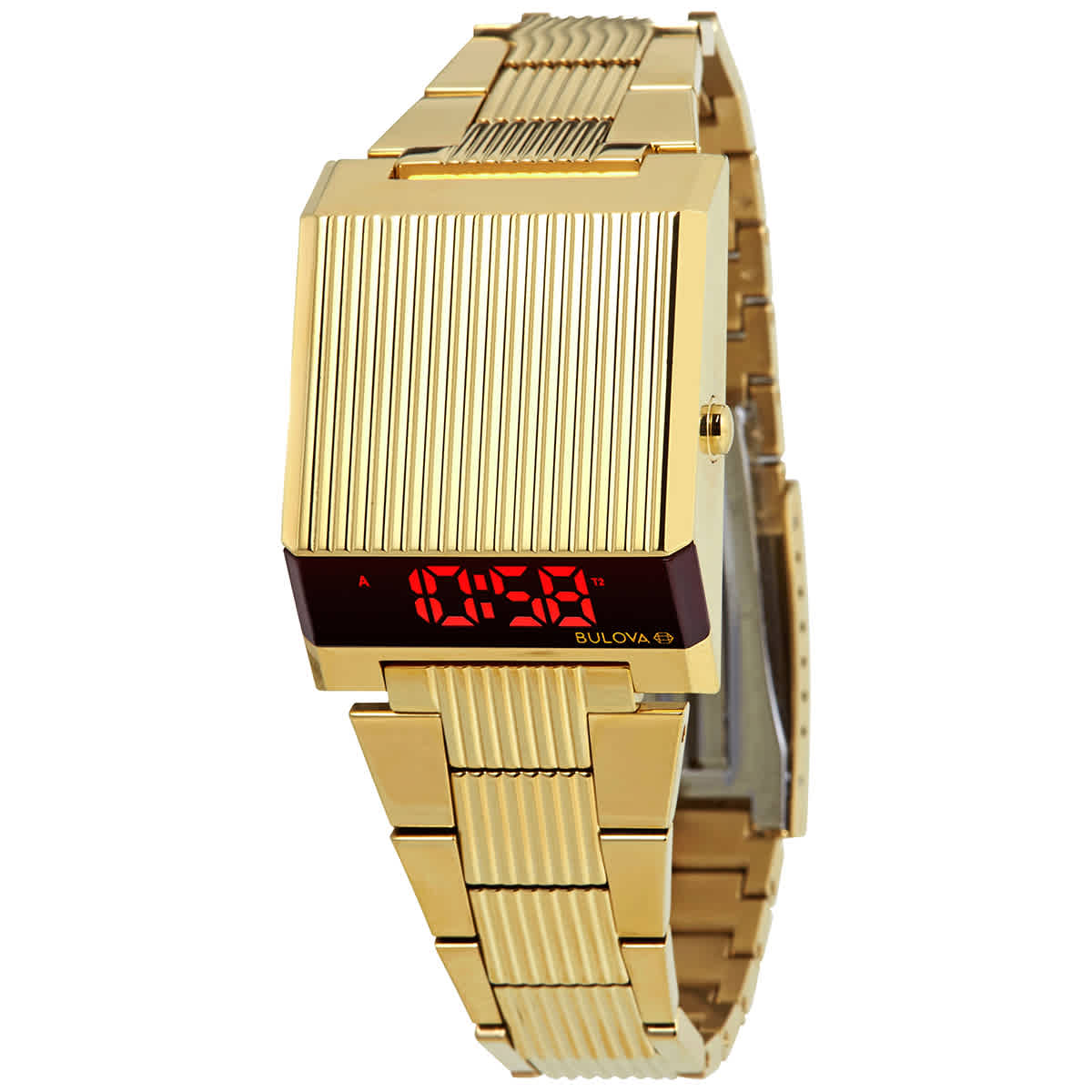 men Bulova Computron LED Digital Gold-Tone Watch with Rectangular