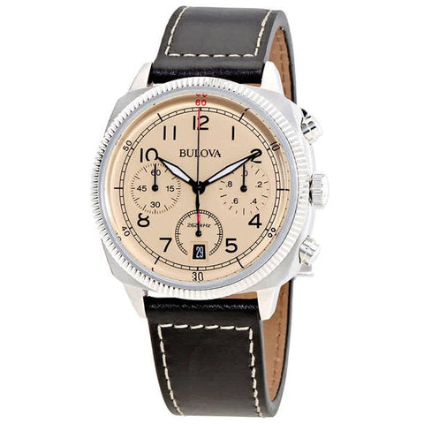 Bulova men Chronograph Black Leather Beige Dial Watch