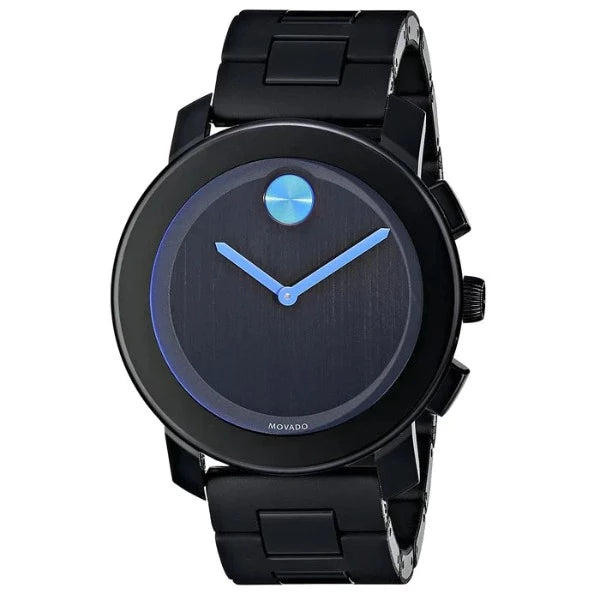 Large Movado BOLD watch, 42 mm black TR90 composite material and stainless steel case, black dial with cobalt blue sunray dot and hands