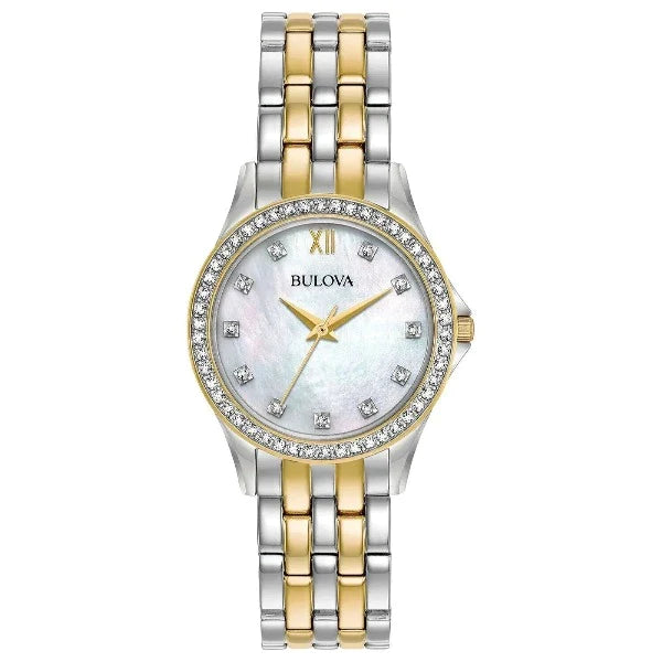 Bulova woman' Bulova Crystal Accent Two-Tone Watch with Mother-of-Pearl Dial and Heart Pendant Box Set 