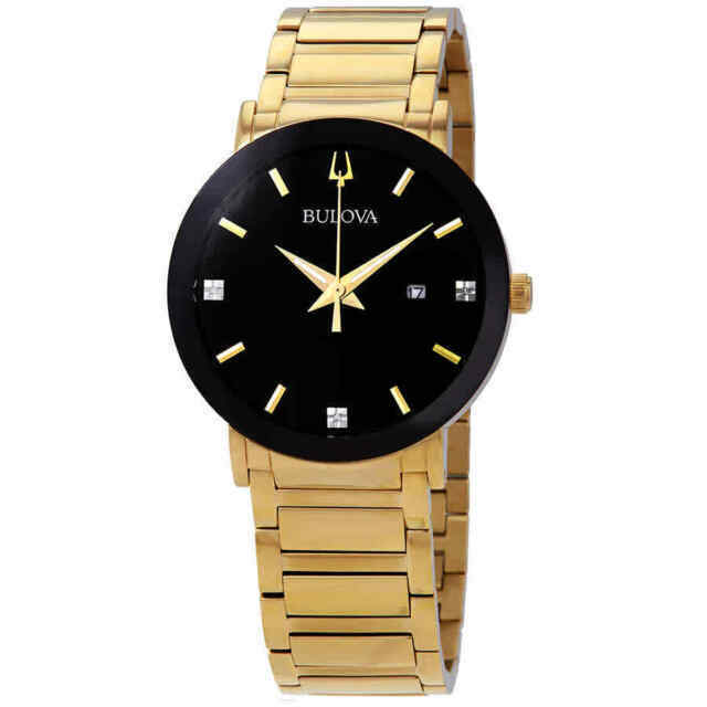 Bulova men Modern Diamond Accent Gold-Tone Watch with Black Dial - 97D116