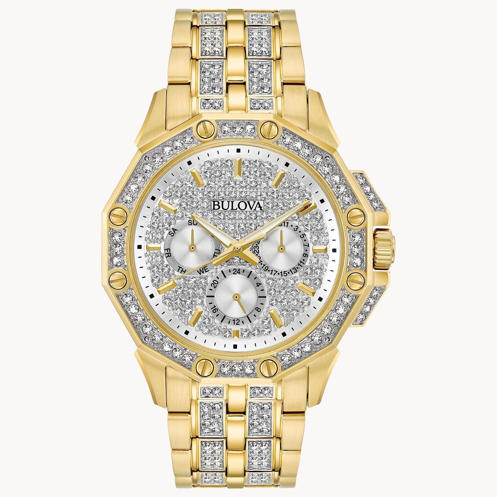 men Bulova Crystal Accent Gold-Tone Watch with Silver-Tone Dial 