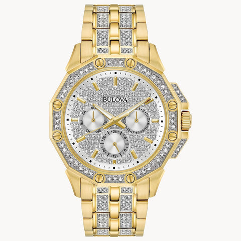 men Bulova Crystal Accent Gold-Tone Watch with Silver-Tone Dial 