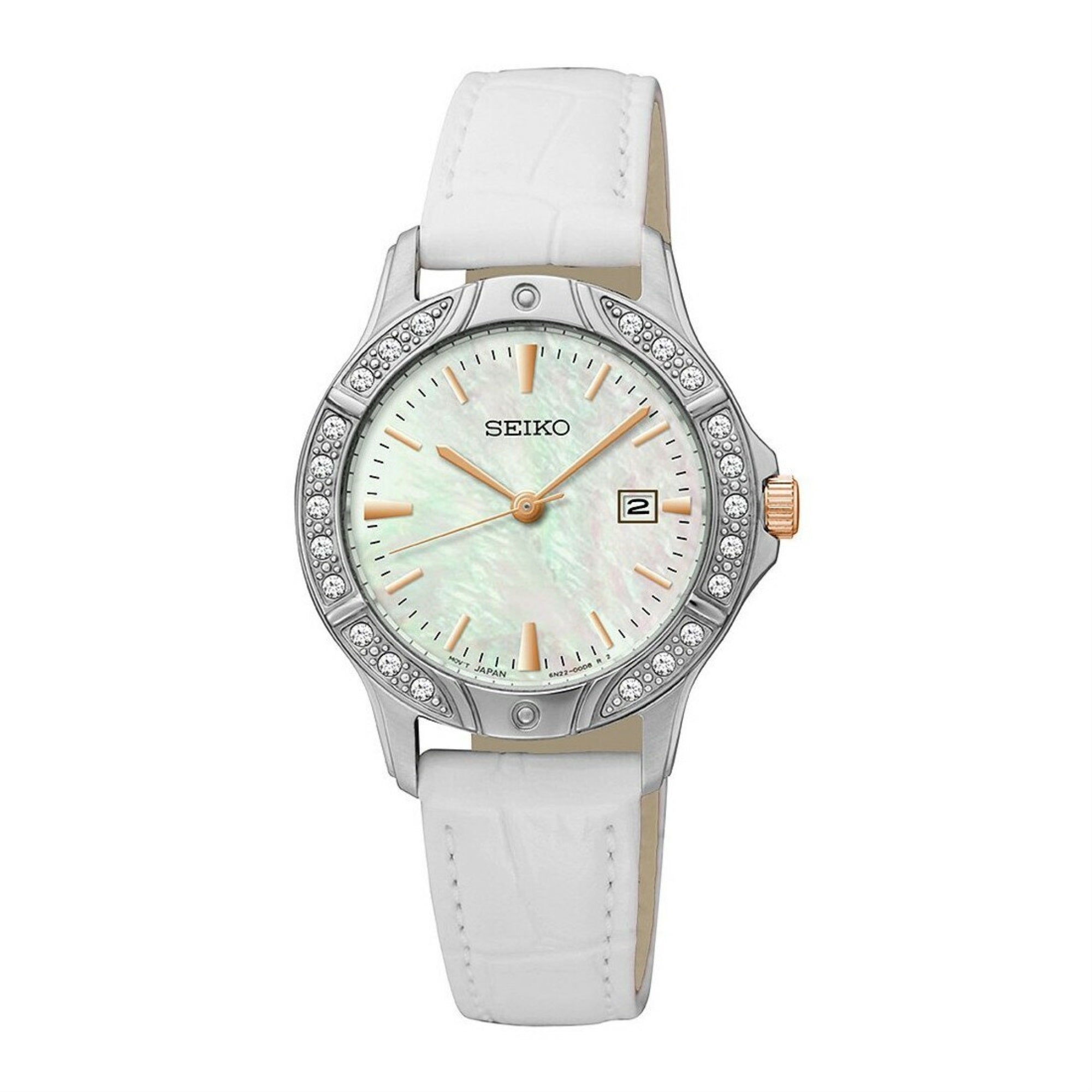 Seiko woman Seiko SUR871 White Leather Strap Crystal Accented MOP Date Dial Watch