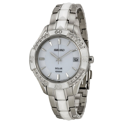 Seiko Solar White Dial Stainless Steel and White Ceramic woman Watch SNE881