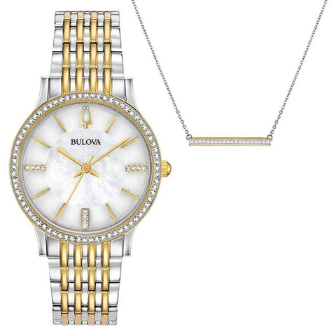Bulova woman Crystal Accent Two-Tone Watch and Necklace Boxed Set
