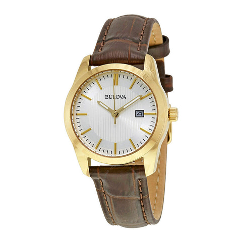Bulova Silver Dial Brown Leather woman Watch